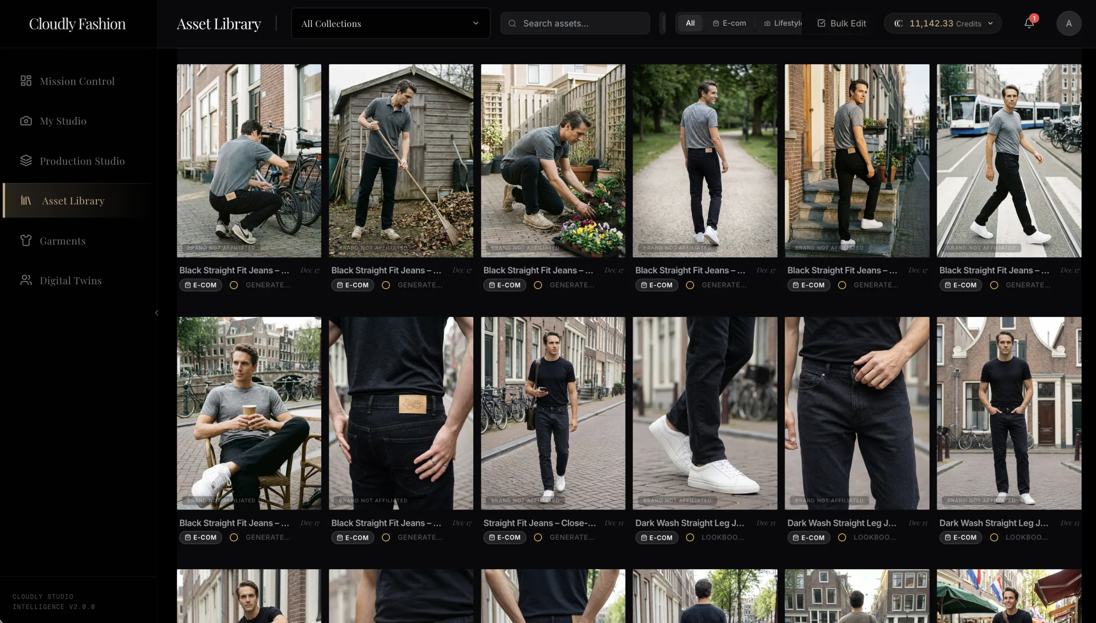 Cloudly Fashion asset library showing a consistent garment campaign across lifestyle and e-commerce images