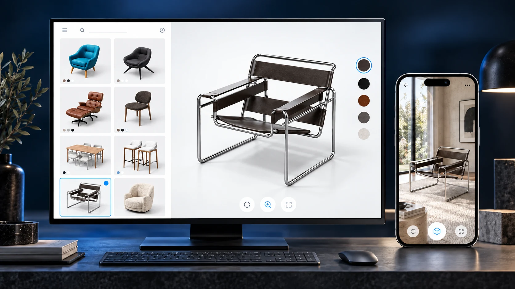 Furniture catalogue system with consistently aligned product views, live 3D, finish variants and augmented reality preview
