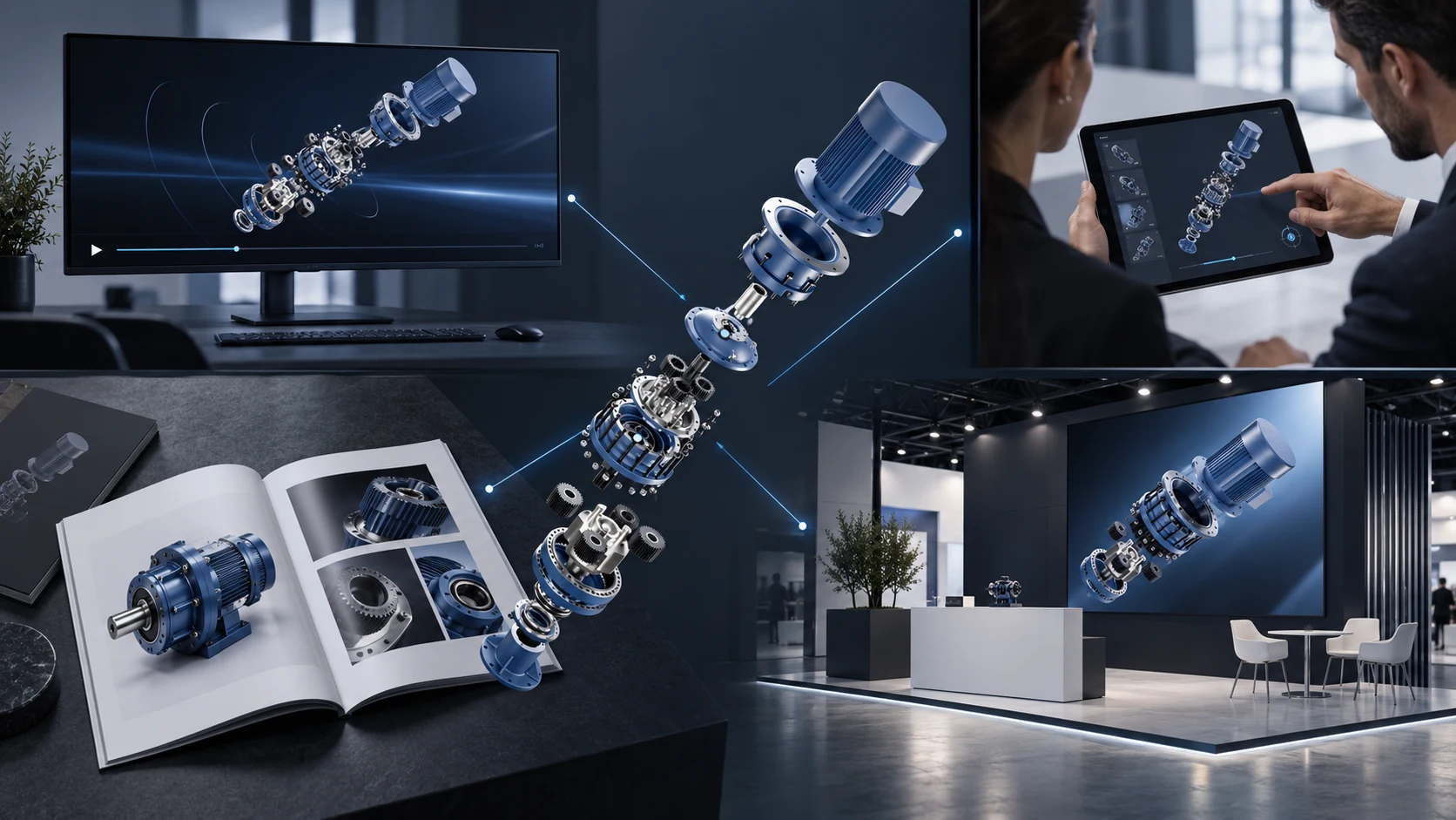 One approved blue gearbox model reused for animation, a sales presentation, catalogue print and an exhibition stand