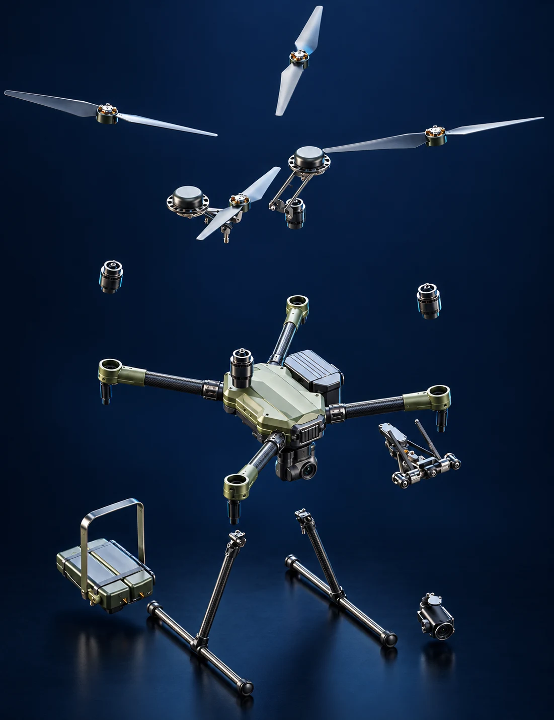Photoreal exploded technical visualization of a modular dual-use drone system