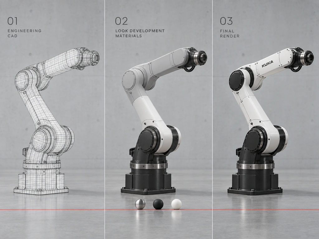 Drei Produktionsstufen eines Roboterarms: Engineering-CAD-Drahtgitter, Look-Entwicklung mit Materialkugeln und das finale fotorealistische Rendering.