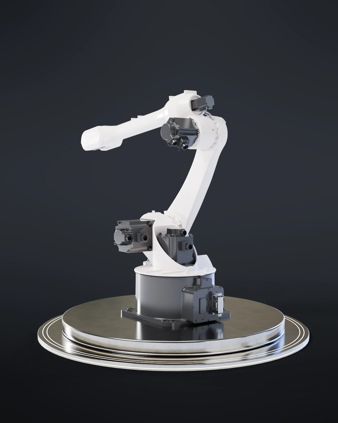 Industrial robot arm with white painted surfaces and precision metal joints