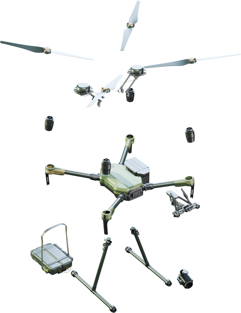 Exploded drone showing separated component groups