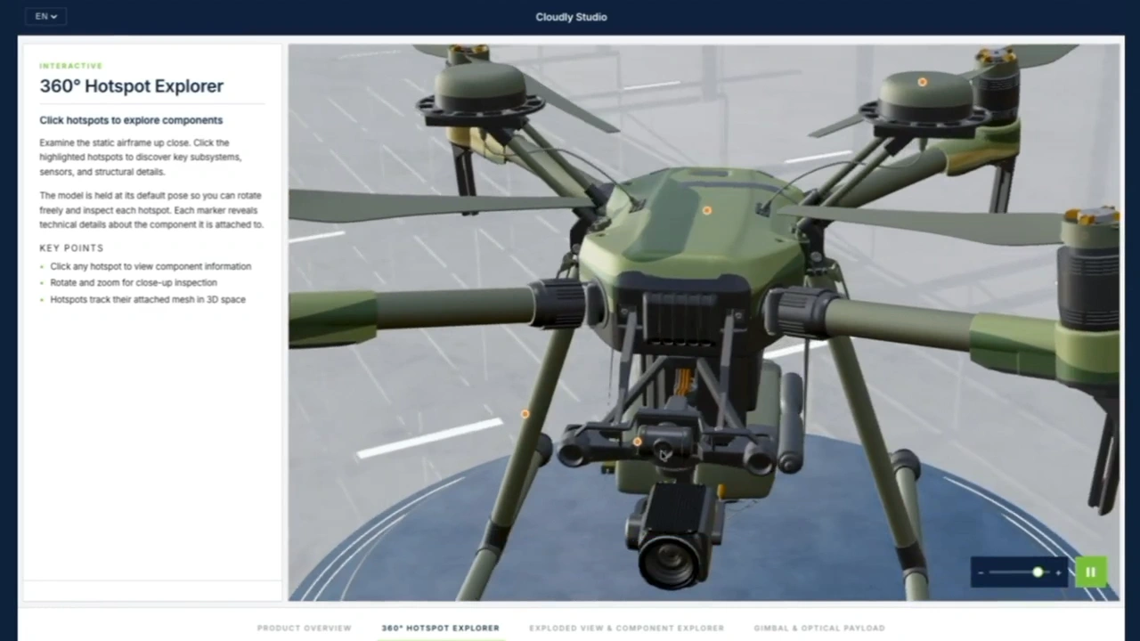 Frame from Cloudly Studio’s showcase film showing the drone in a 360-degree hotspot web viewer