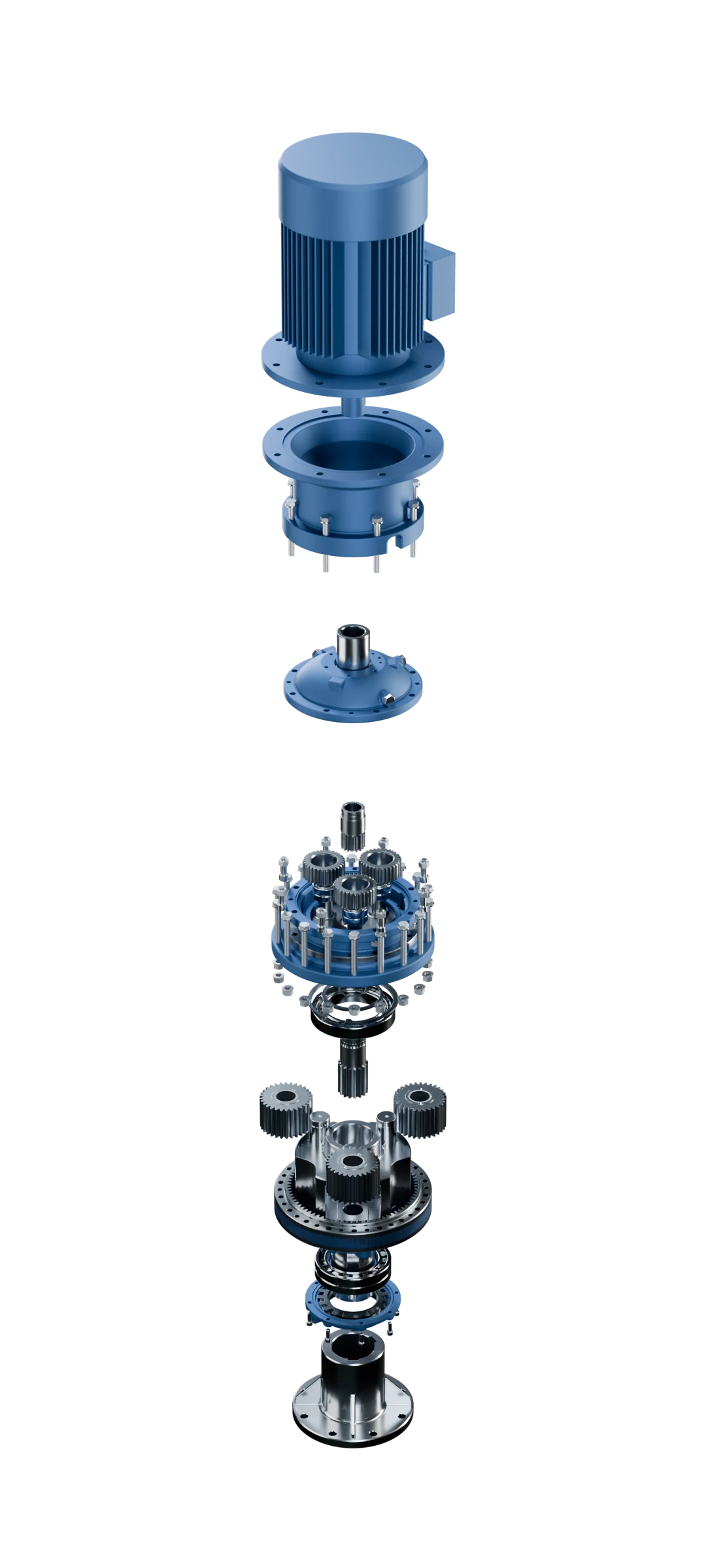Exploded planetary gearbox revealing gears, bearings and housings